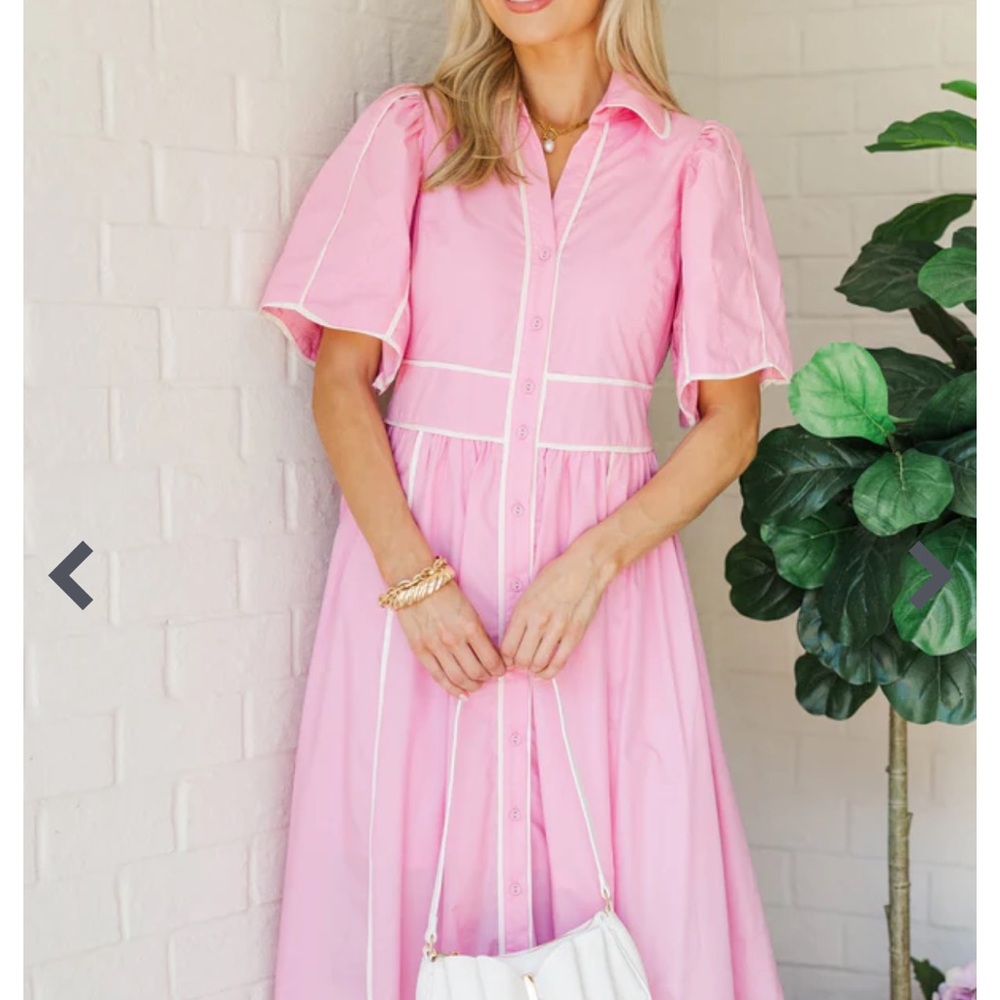 Pink Puff Sleeve Buttoned Midi Dress
